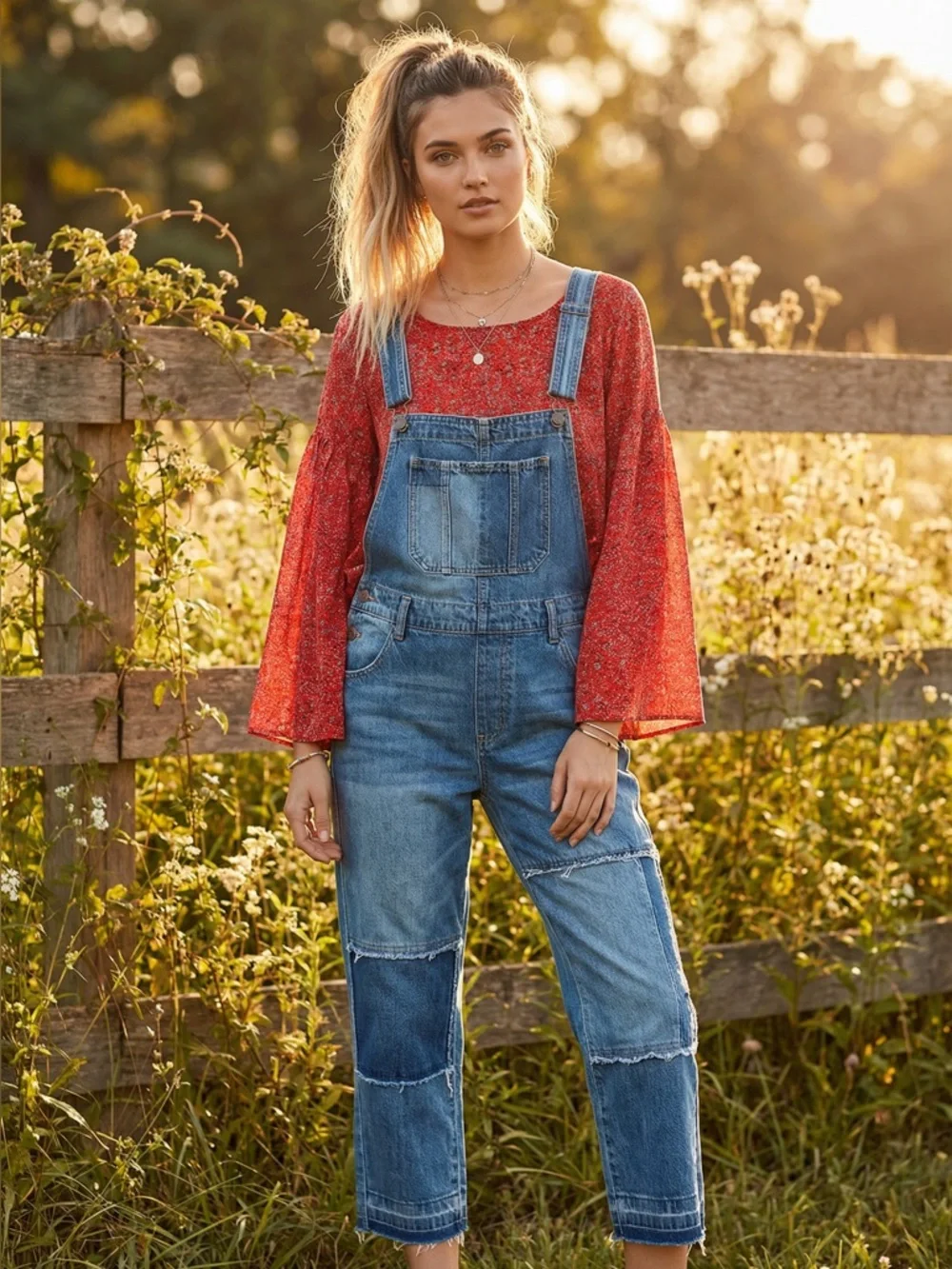 EASEL Boho flare/bell sleeve red chiffon peplum layered blouse - Picture 5 of 12